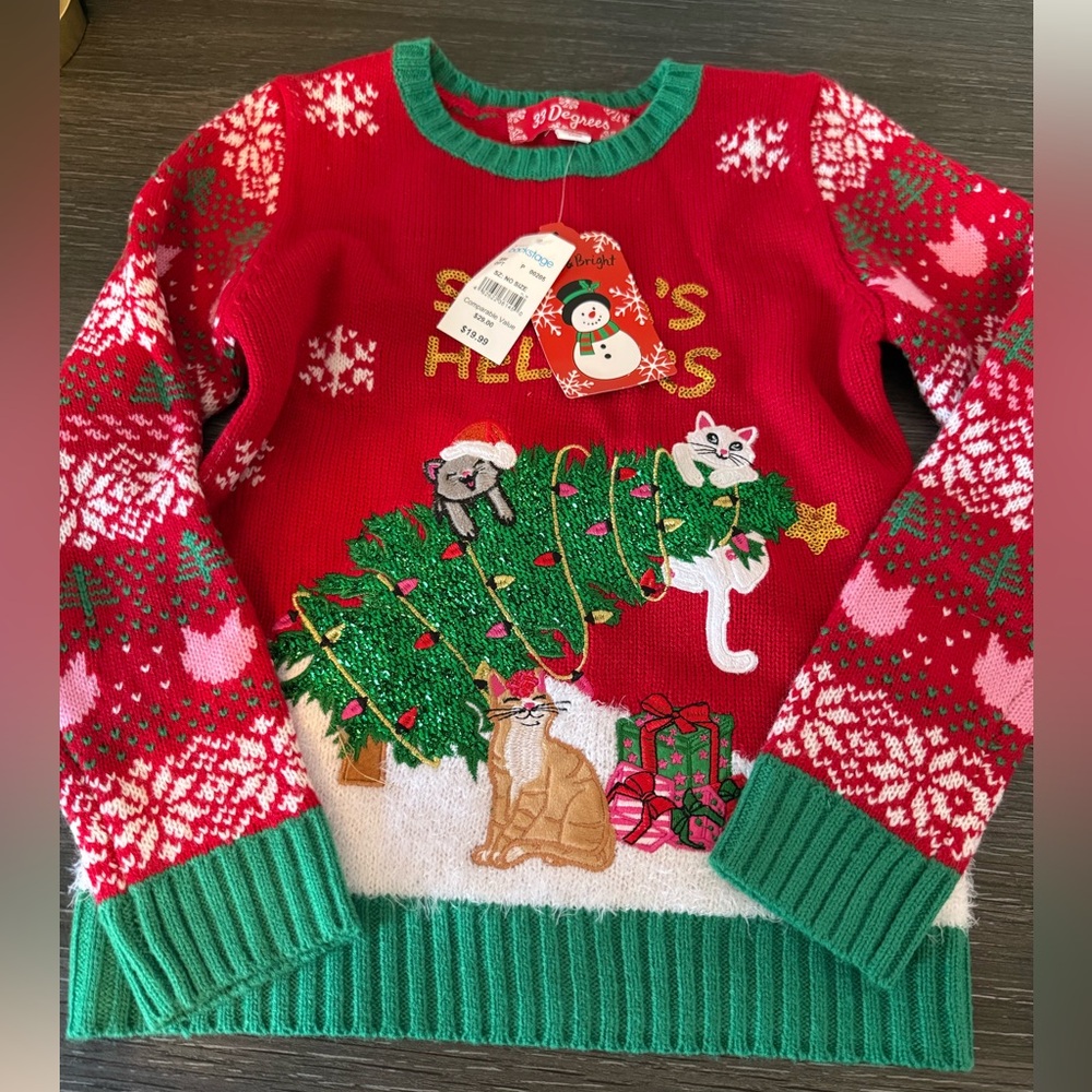 Tipsy Elves Festive Red and Green Cat Christmas Sweater